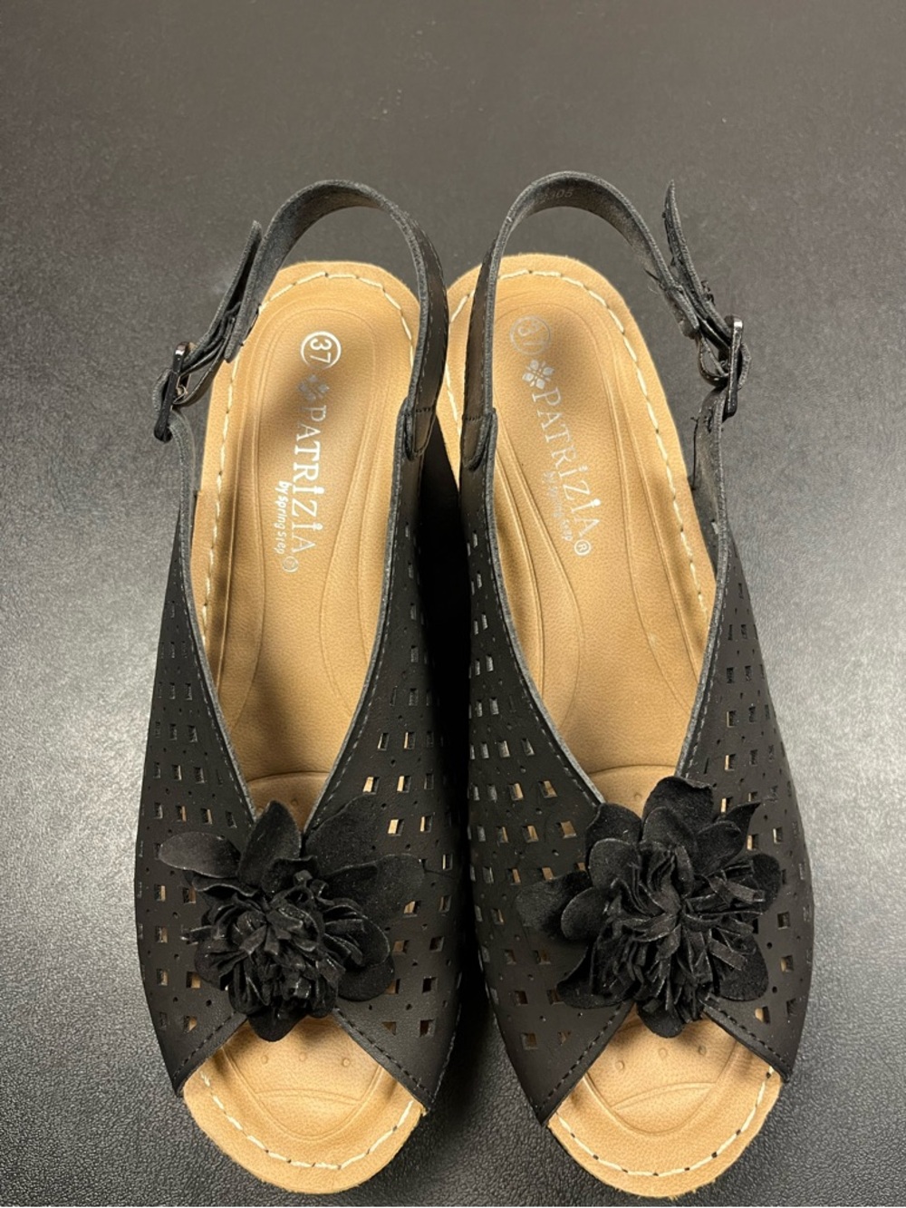 Patrizia by Spring Step Black Perforated Slingback Sandals with Flower Accent
